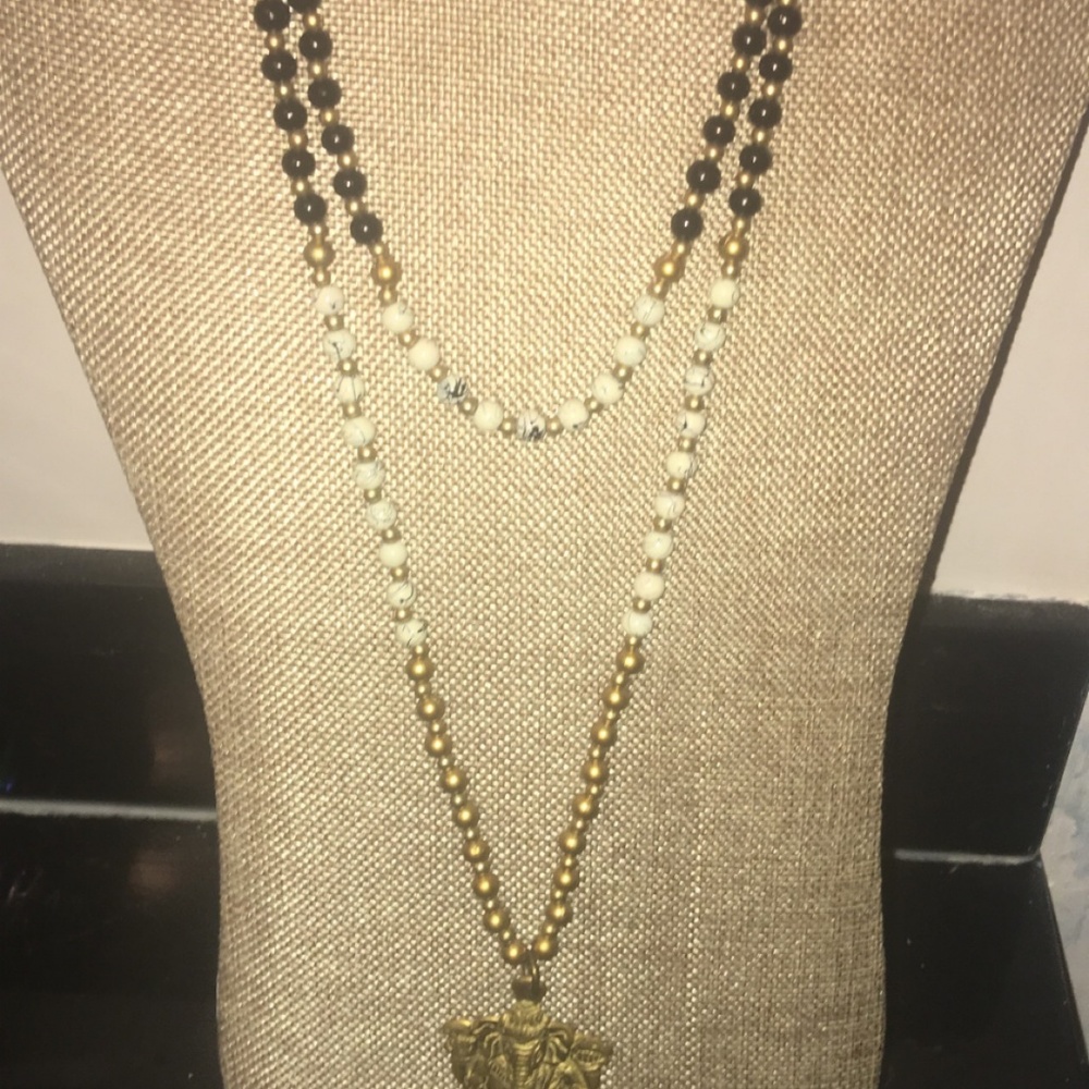 Long Black, Gold and White Necklace